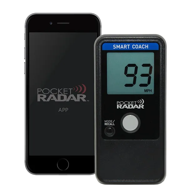 Pocket Radar Smart Coach radar next to a phone running the Pocket Radar app